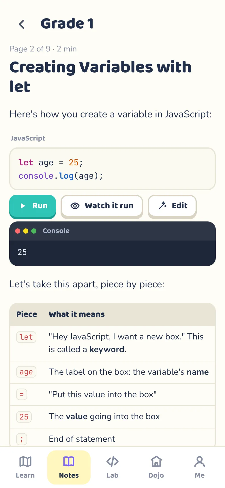 A page of the notes explaining variables, with a code example that has Run and Watch it run buttons